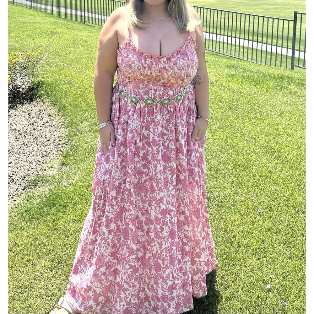 Free People Midi Dress Sz L Pink Floral Toile Smocked Sleeveless Pockets Cotton